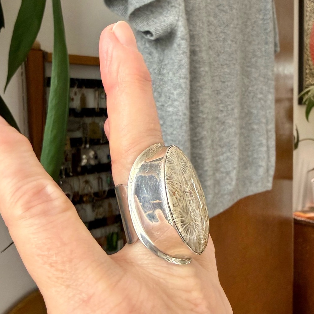 Silver and Fossil Coral Ring, Adjustable Size 7.5-8